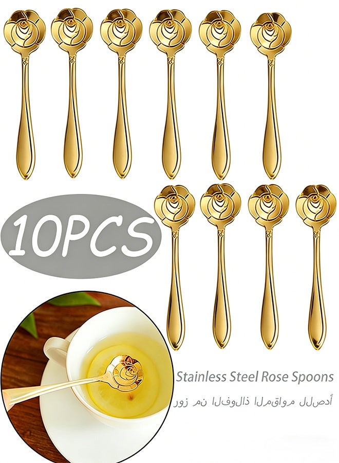 10 Pieces Stainless Steel Rose Flower Spoon Set Food Grade Tableware for Coffee Dessert Tea Ideal for Home Dining Eid Gathering Cafe Bar Party Wedding Kitchen Table Decoration,Gold - Image 1